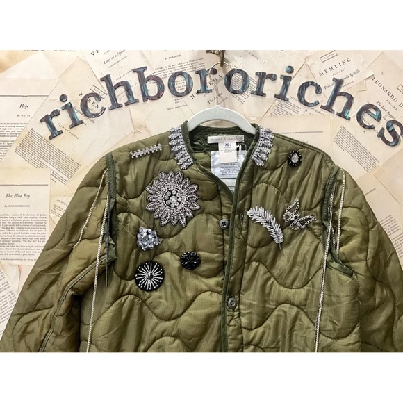 Free People X Tricia Fix Broached Liner Jacket Upcycled Reworked Olive - Picture 6 of 8